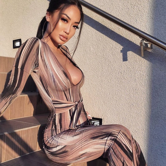 women's sheath dress sexy deep v long sleeve tie dye maxi long dress nightclub party