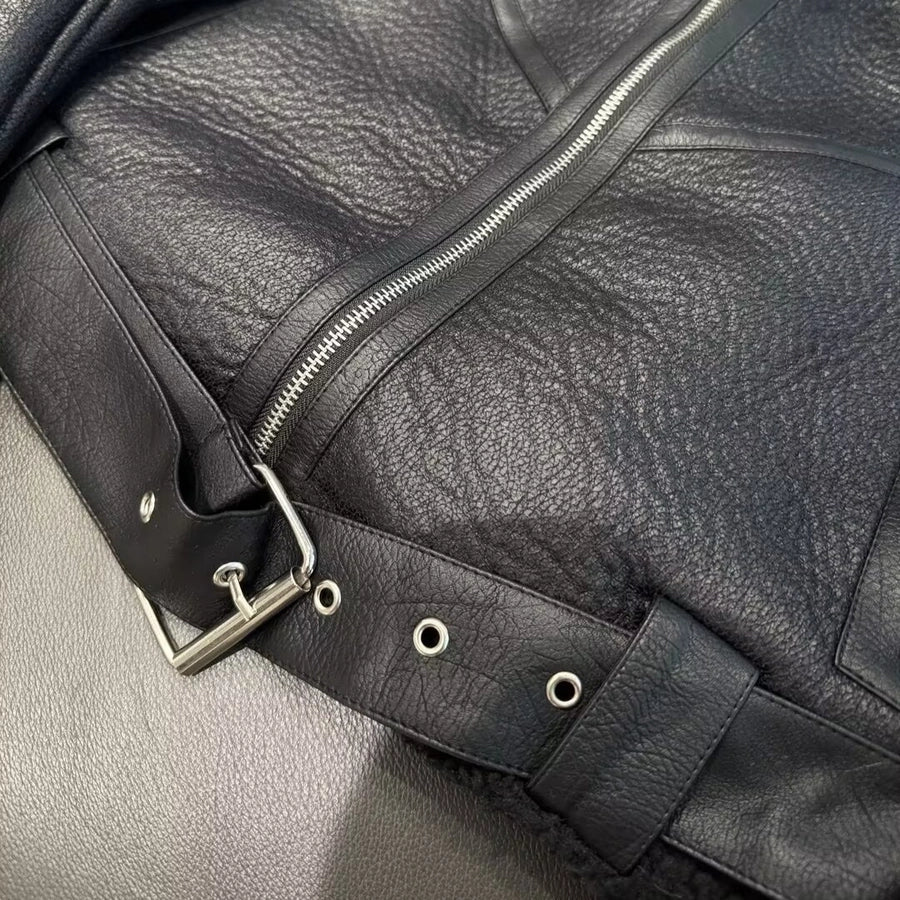 Women's Streetwear Solid Color Belt Zipper Leather Jacket Casual Jacket