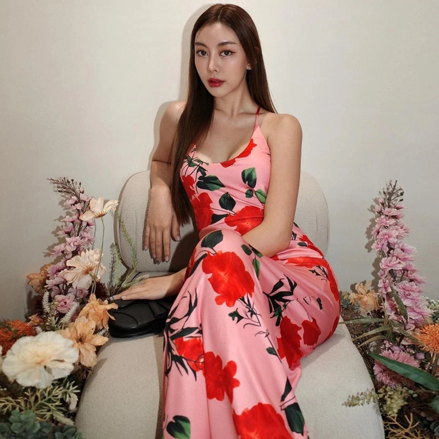 Women's Strap Dress Sexy U Neck Backless Sleeveless Flower Maxi Long Dress Cocktail Party