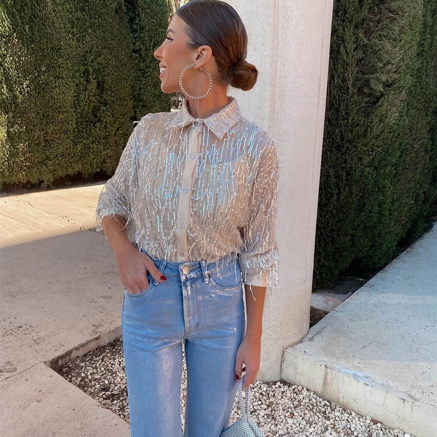 Women's Long Sleeve Blouses Sequins Elegant Stripe