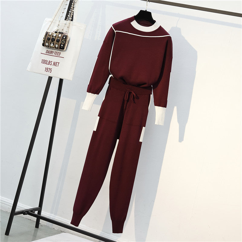 women's casual solid color knitted fabric contrast binding pants sets