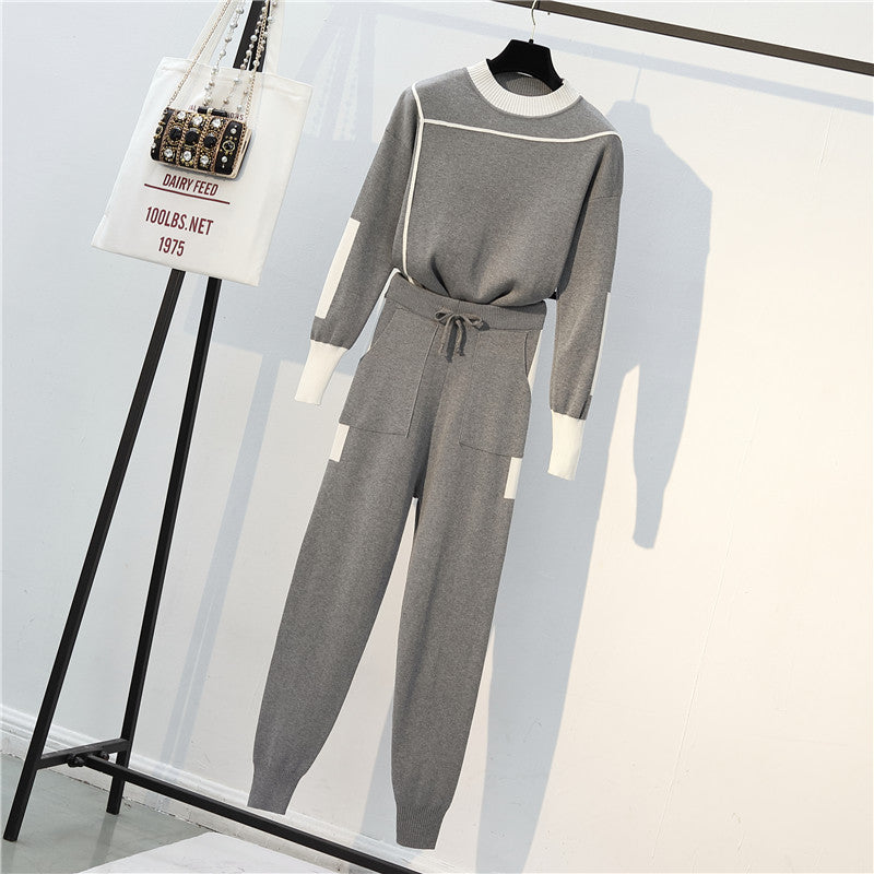 women's casual solid color knitted fabric contrast binding pants sets