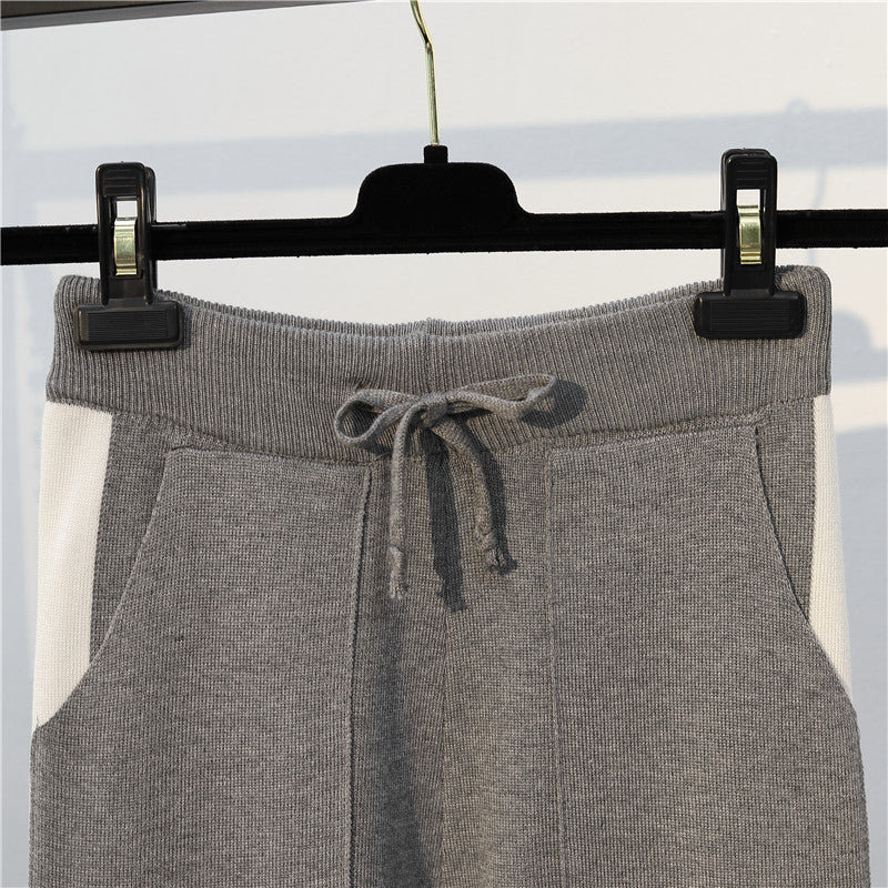 women's casual solid color knitted fabric contrast binding pants sets
