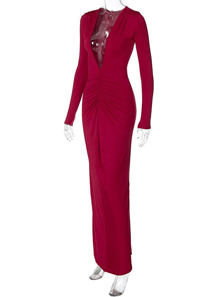 women's regular dress elegant v neck pleated long sleeve solid color maxi long dress daily