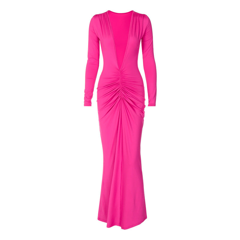 women's regular dress elegant v neck pleated long sleeve solid color maxi long dress daily