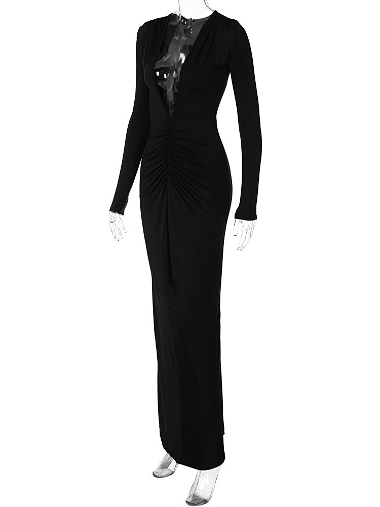 women's regular dress elegant v neck pleated long sleeve solid color maxi long dress daily