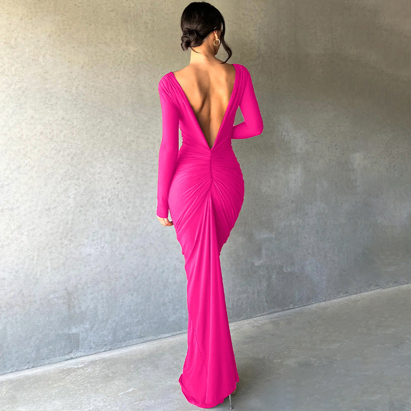 women's regular dress elegant v neck pleated long sleeve solid color maxi long dress daily