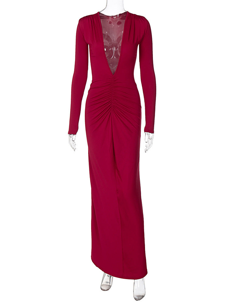women's regular dress elegant v neck pleated long sleeve solid color maxi long dress daily