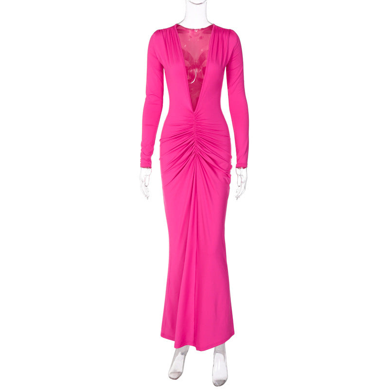 women's regular dress elegant v neck pleated long sleeve solid color maxi long dress daily