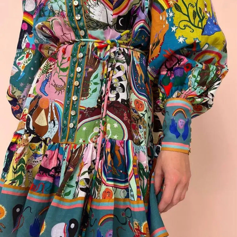 Women's Regular Dress Vintage Style Vacation Standing Collar Printing Long Sleeve Printing Above Knee Casual Holiday