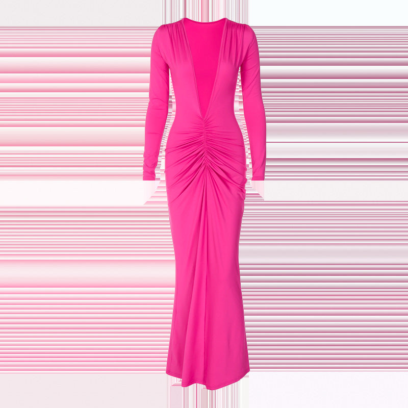 women's regular dress elegant v neck pleated long sleeve solid color maxi long dress daily