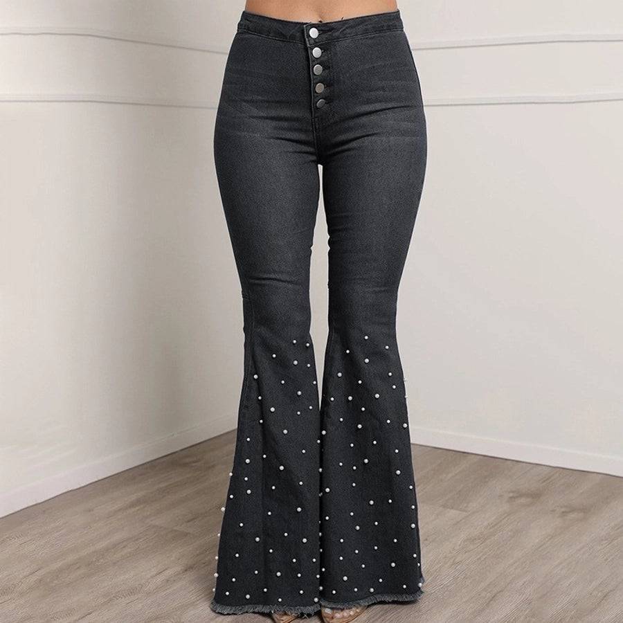 casual basic full length beaded washed flared pants jeans