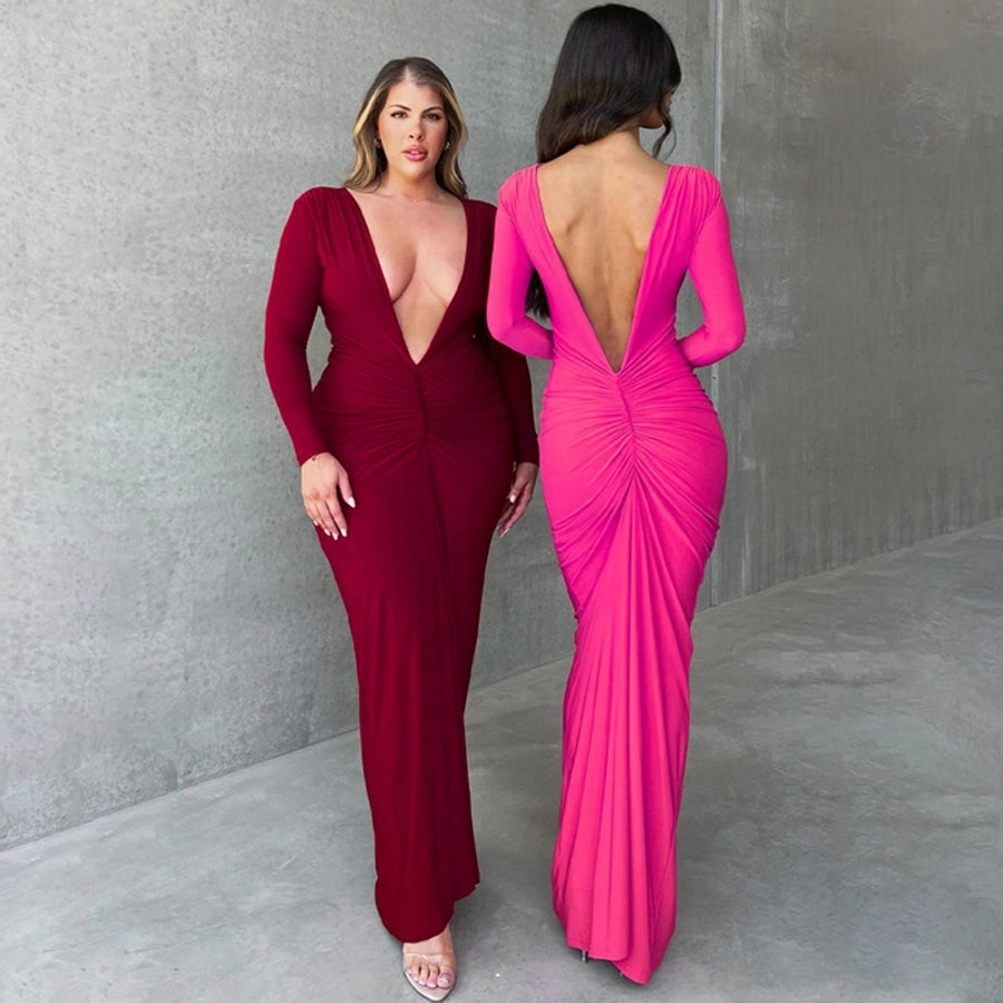 women's regular dress elegant v neck pleated long sleeve solid color maxi long dress daily