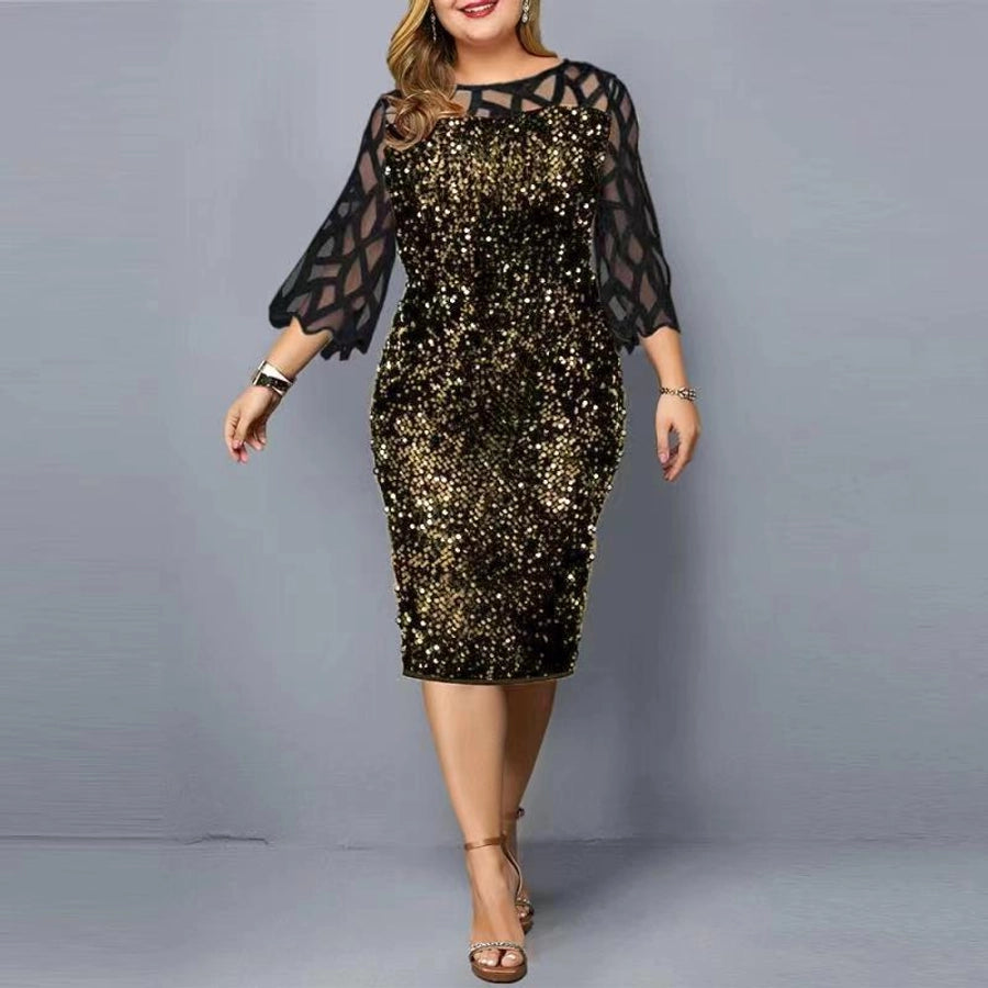 regular dress simple style round neck beaded lace 3/4 length sleeve solid color knee-length daily