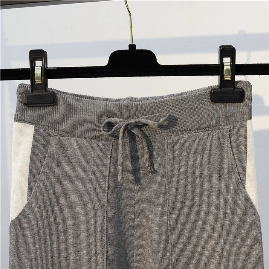women's casual solid color knitted fabric contrast binding pants sets