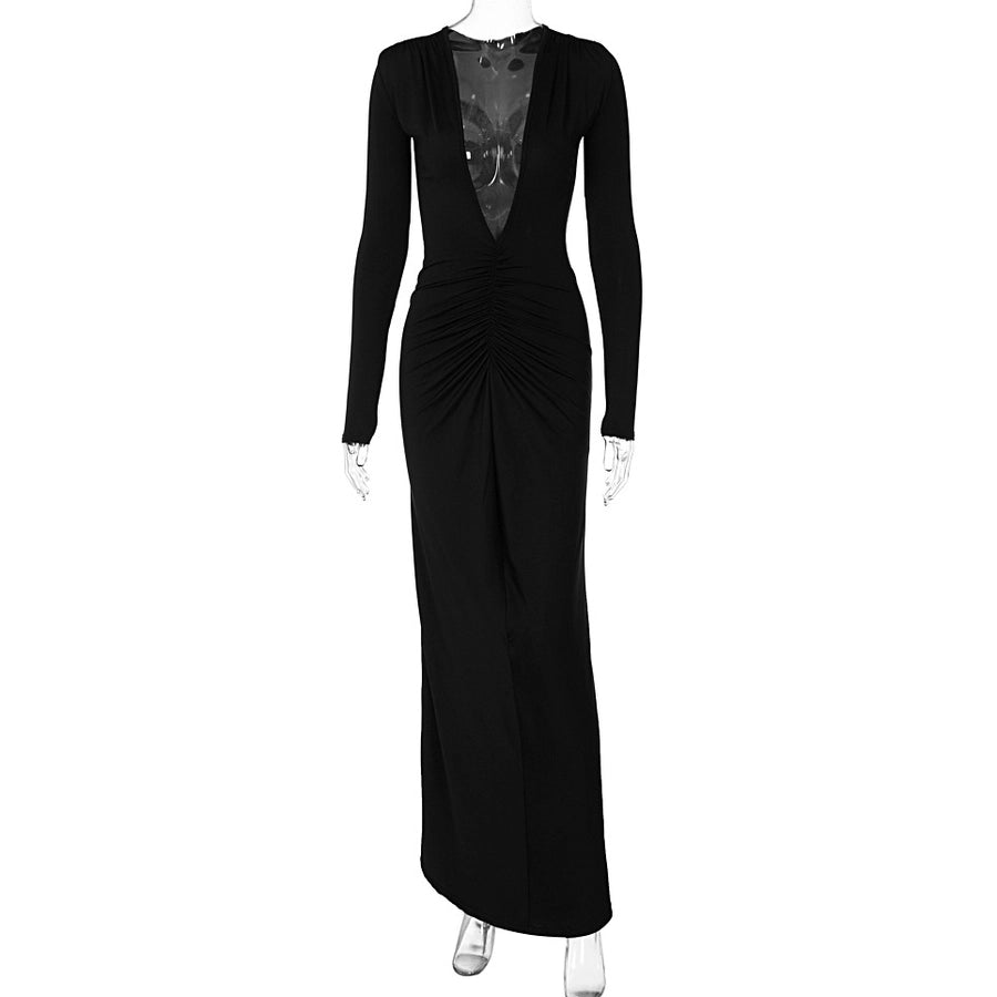 women's regular dress elegant v neck pleated long sleeve solid color maxi long dress daily