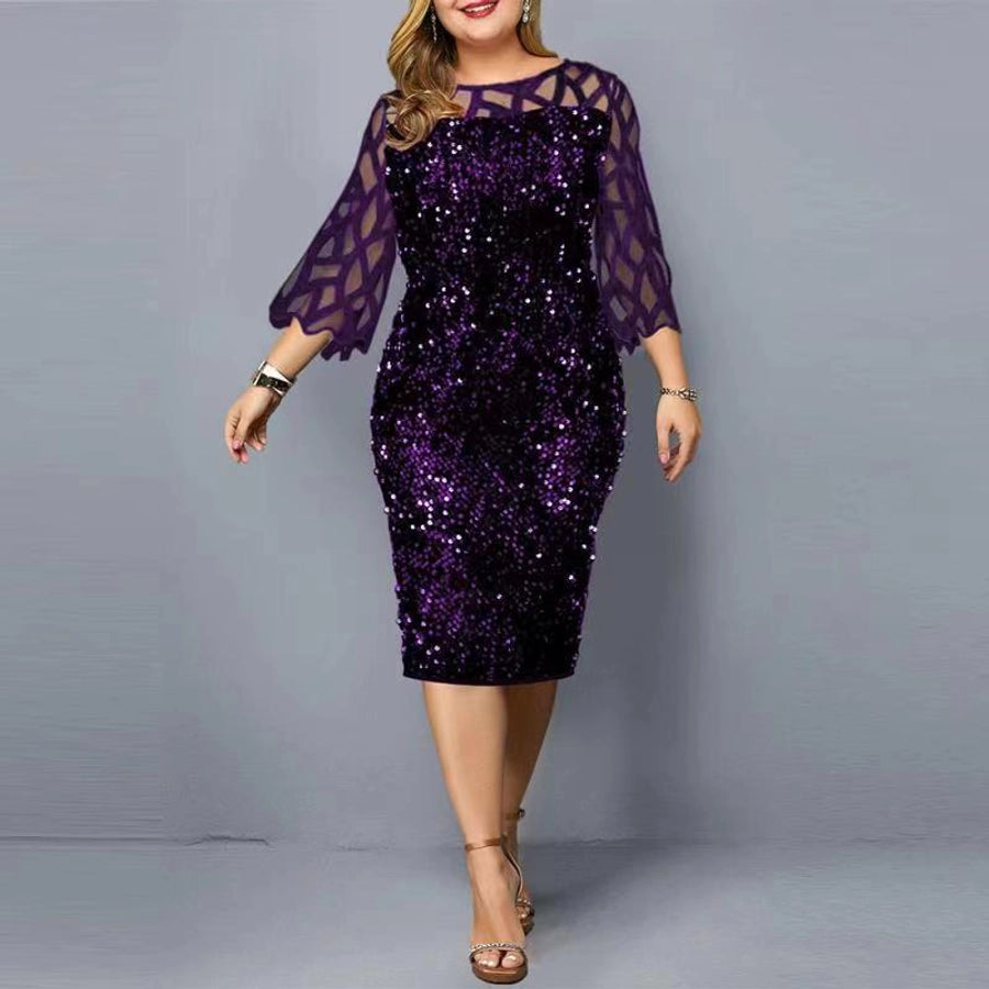 regular dress simple style round neck beaded lace 3/4 length sleeve solid color knee-length daily