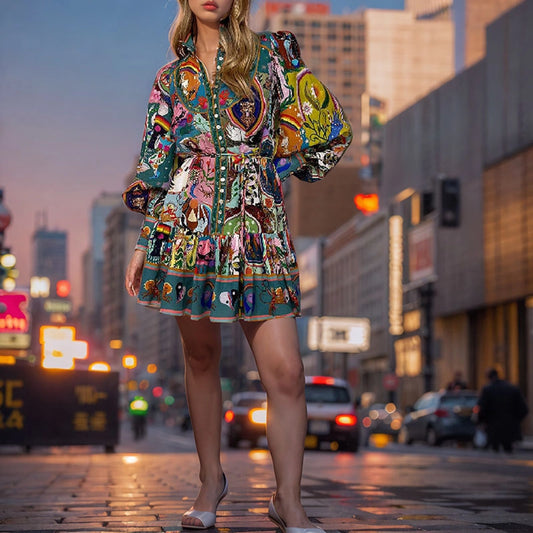 Women's Regular Dress Vintage Style Vacation Standing Collar Printing Long Sleeve Printing Above Knee Casual Holiday