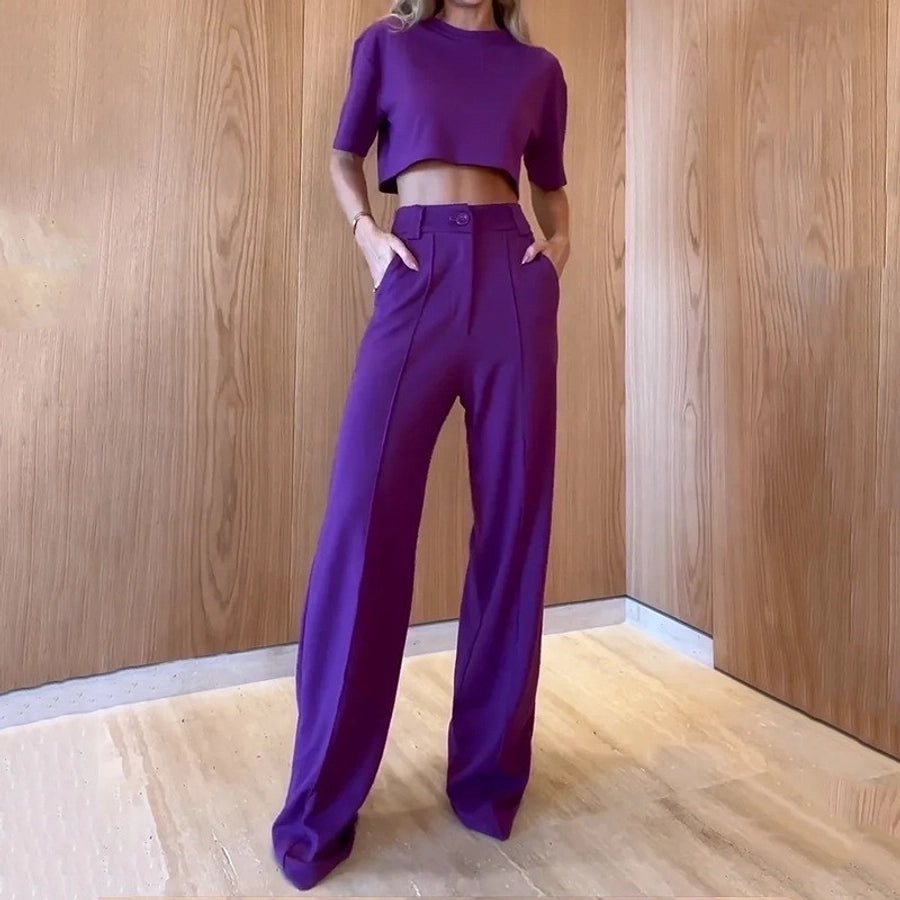 women's casual solid color polyester pocket pants sets