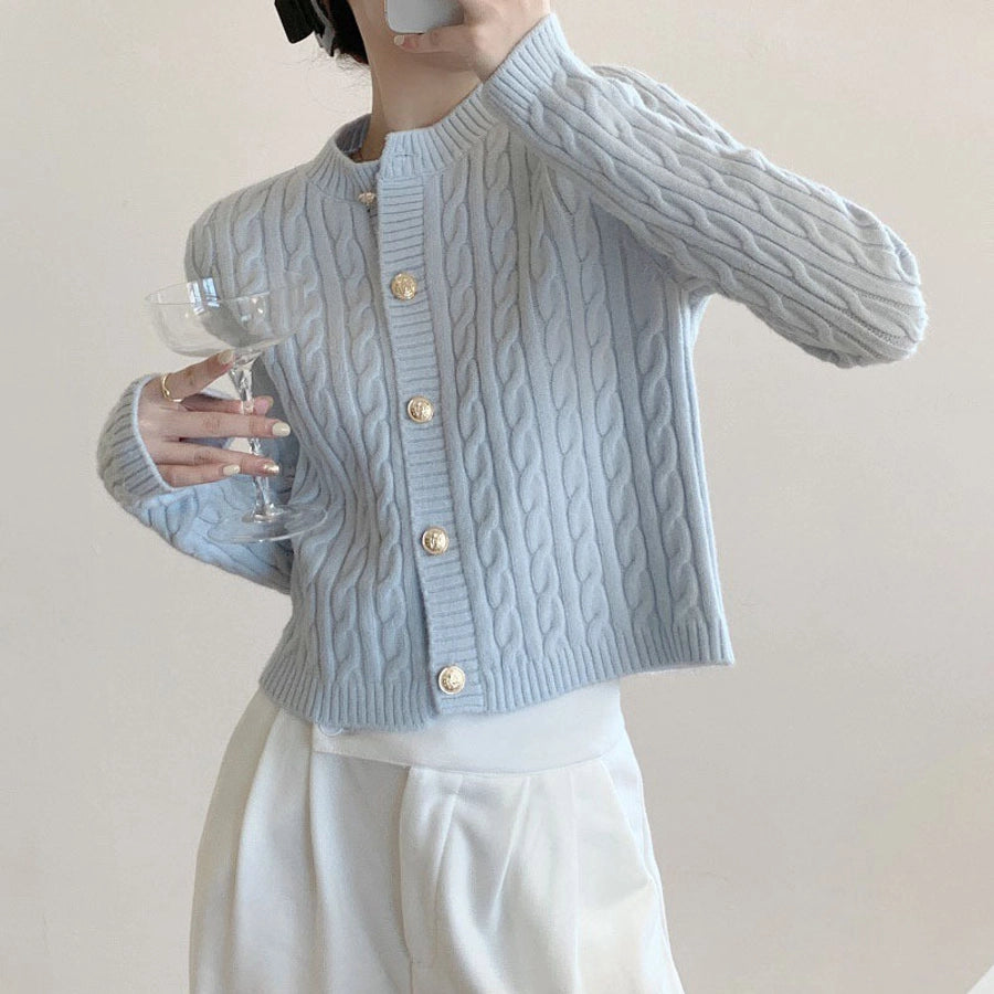 Korean Style Round Neck Twist Knitted Cardigan Women's  Autumn Loose Solid Color Top Long Sleeve Candy Color Sweater Coat