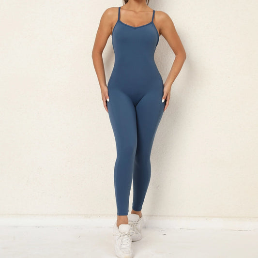 sports solid color cotton blend v neck backless active bottoms halter crisscross tank jumpsuits