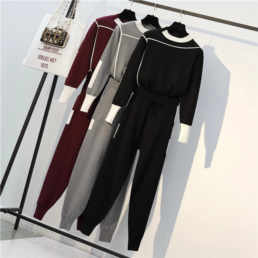 women's casual solid color knitted fabric contrast binding pants sets