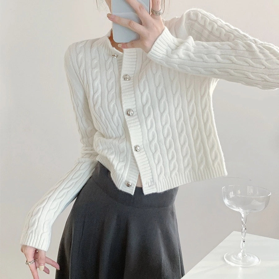 Korean Style Round Neck Twist Knitted Cardigan Women's  Autumn Loose Solid Color Top Long Sleeve Candy Color Sweater Coat