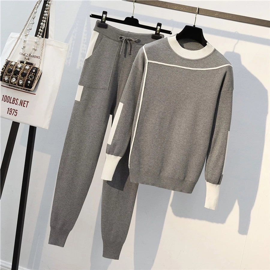 women's casual solid color knitted fabric contrast binding pants sets