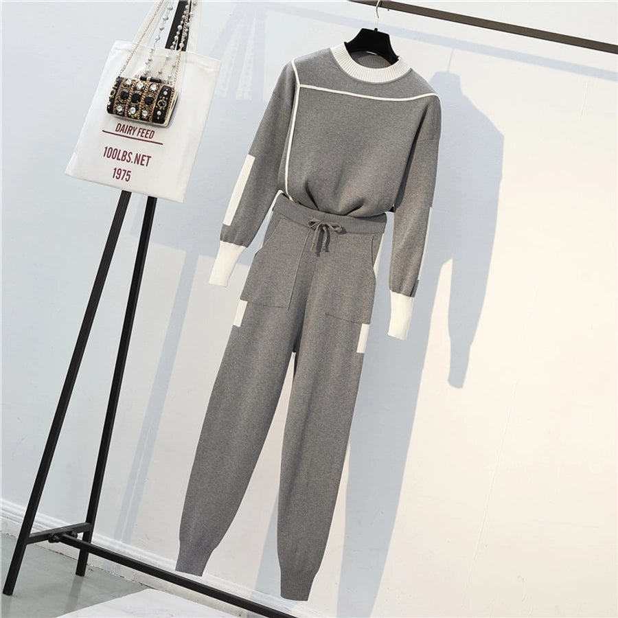 women's casual solid color knitted fabric contrast binding pants sets