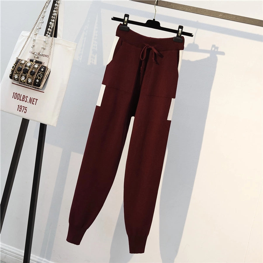 women's casual solid color knitted fabric contrast binding pants sets