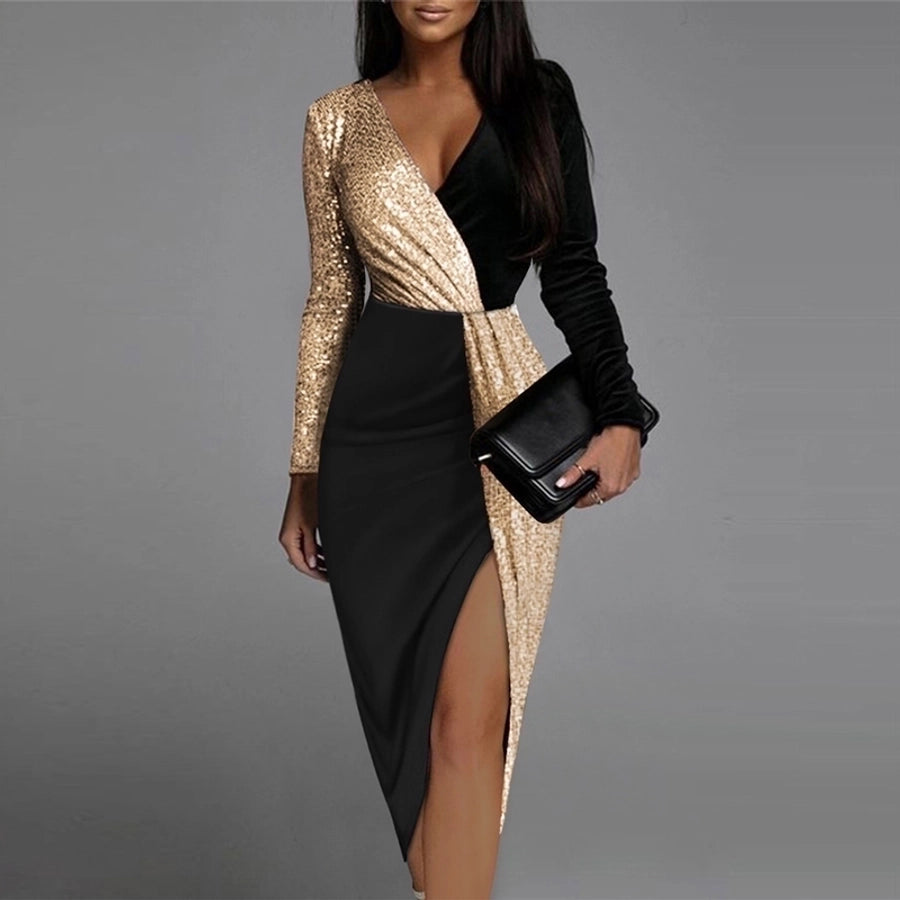 women's slit dress elegant v neck sequins long sleeve color block midi dress banquet party