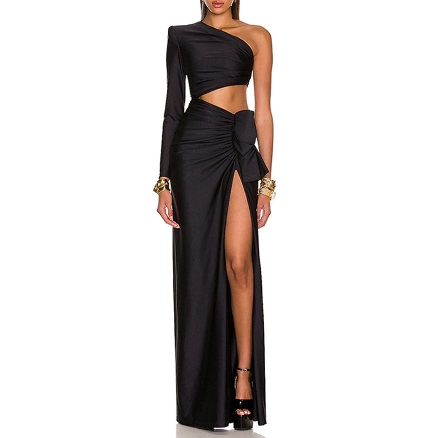 women's slit dress party dress elegant sexy oblique collar long sleeve solid color maxi long dress holiday banquet evening party