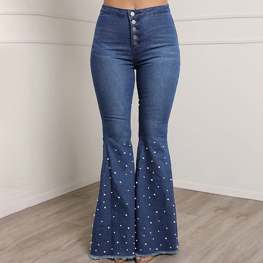 casual basic full length beaded washed flared pants jeans