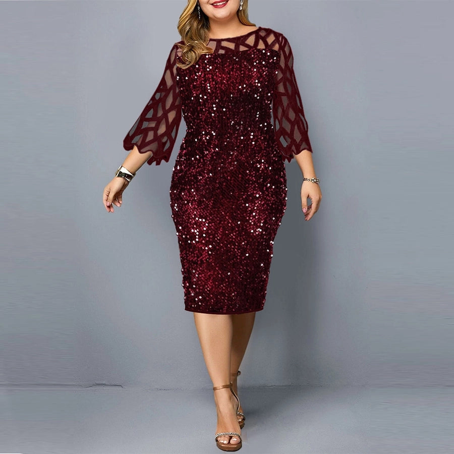 regular dress simple style round neck beaded lace 3/4 length sleeve solid color knee-length daily