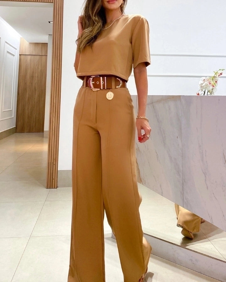 women's casual solid color polyester pocket pants sets