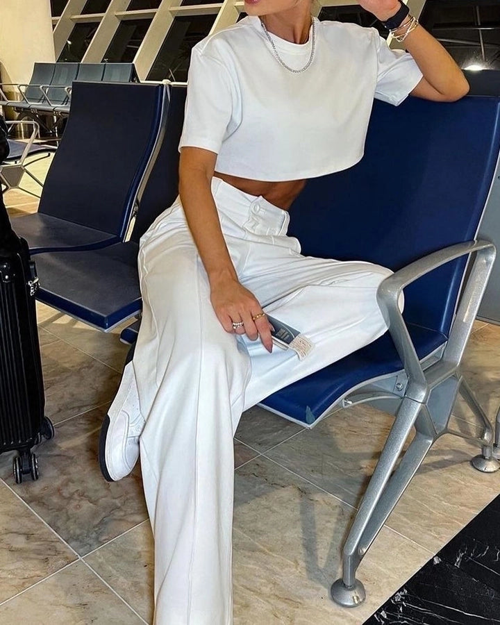 women's casual solid color polyester pocket pants sets