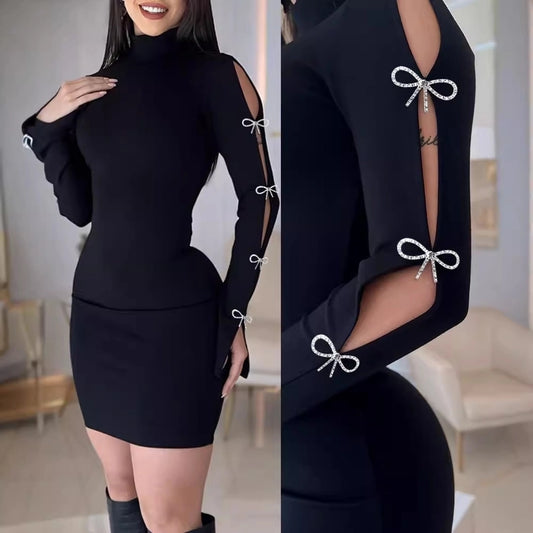 Women's Sheath Dress Elegant Sexy Turtleneck Long Sleeve Bow Knot Short Mini Dress Date Cocktail Party