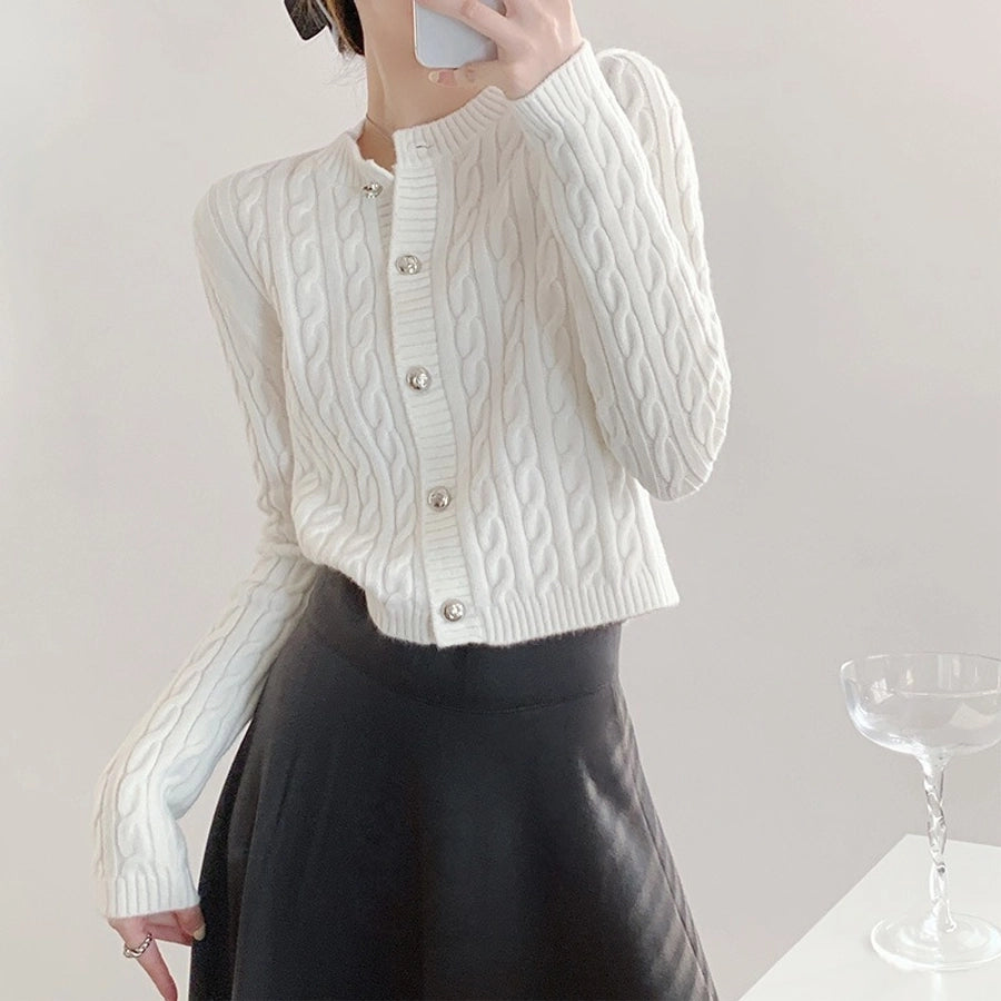 Korean Style Round Neck Twist Knitted Cardigan Women's  Autumn Loose Solid Color Top Long Sleeve Candy Color Sweater Coat