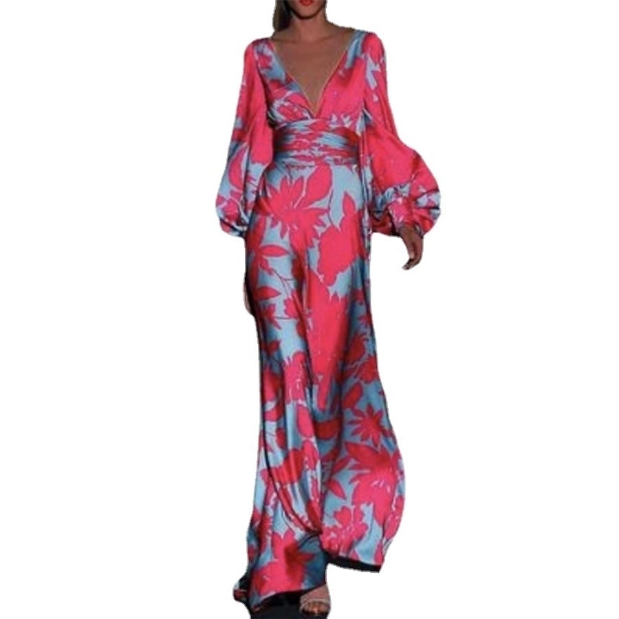 women's regular dress casual v neck printing long sleeve printing maxi long dress street