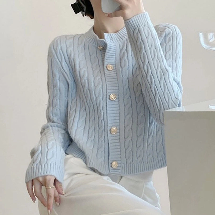 Korean Style Round Neck Twist Knitted Cardigan Women's  Autumn Loose Solid Color Top Long Sleeve Candy Color Sweater Coat